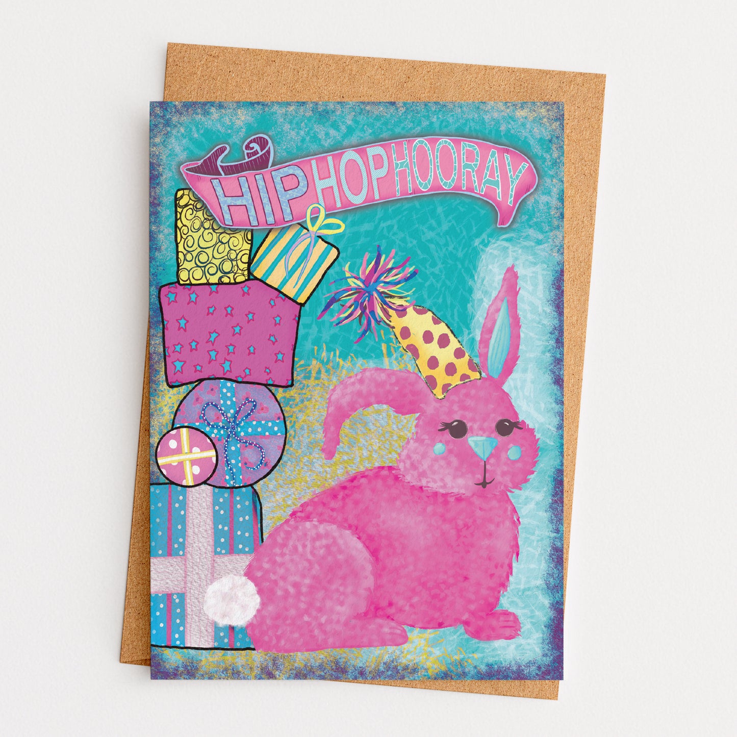 Hip Hop Hooray Whimsical Colored Bunny Birthday Card