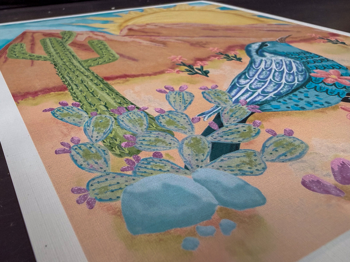 Desert Wren Southwest Scene - Original Hand-Drawn Illustration, Vibrant Colors