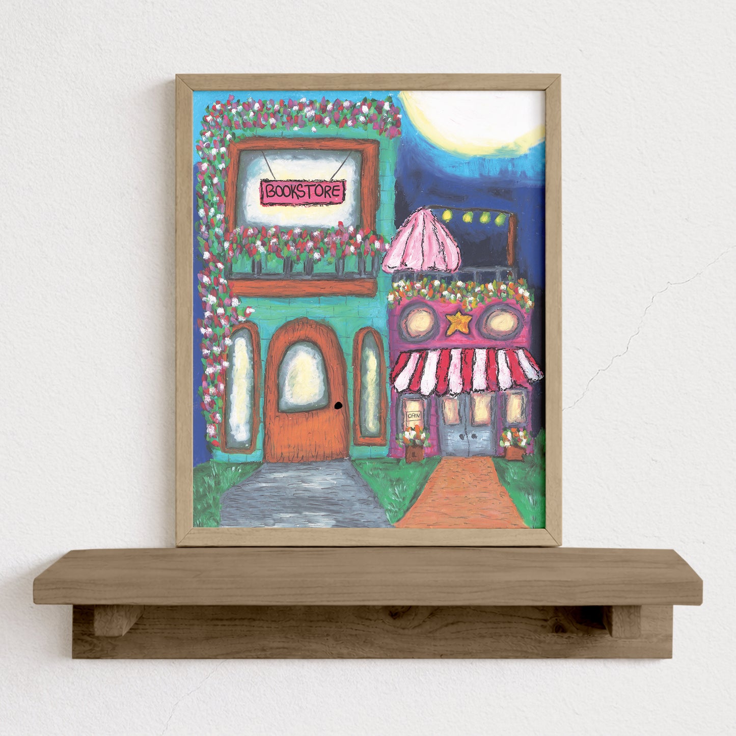 Whimsical Street Scene Bookstore and Cafe Art Print