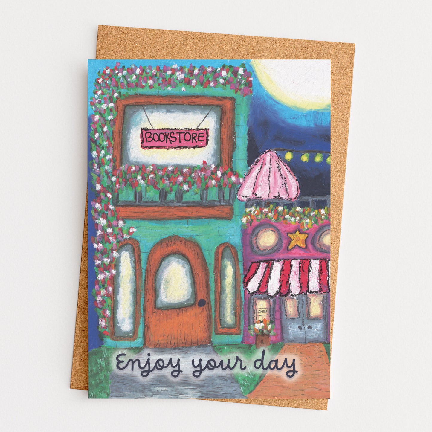 Colorful illustration of a bookstore with 'Enjoy your day' text on a white background
