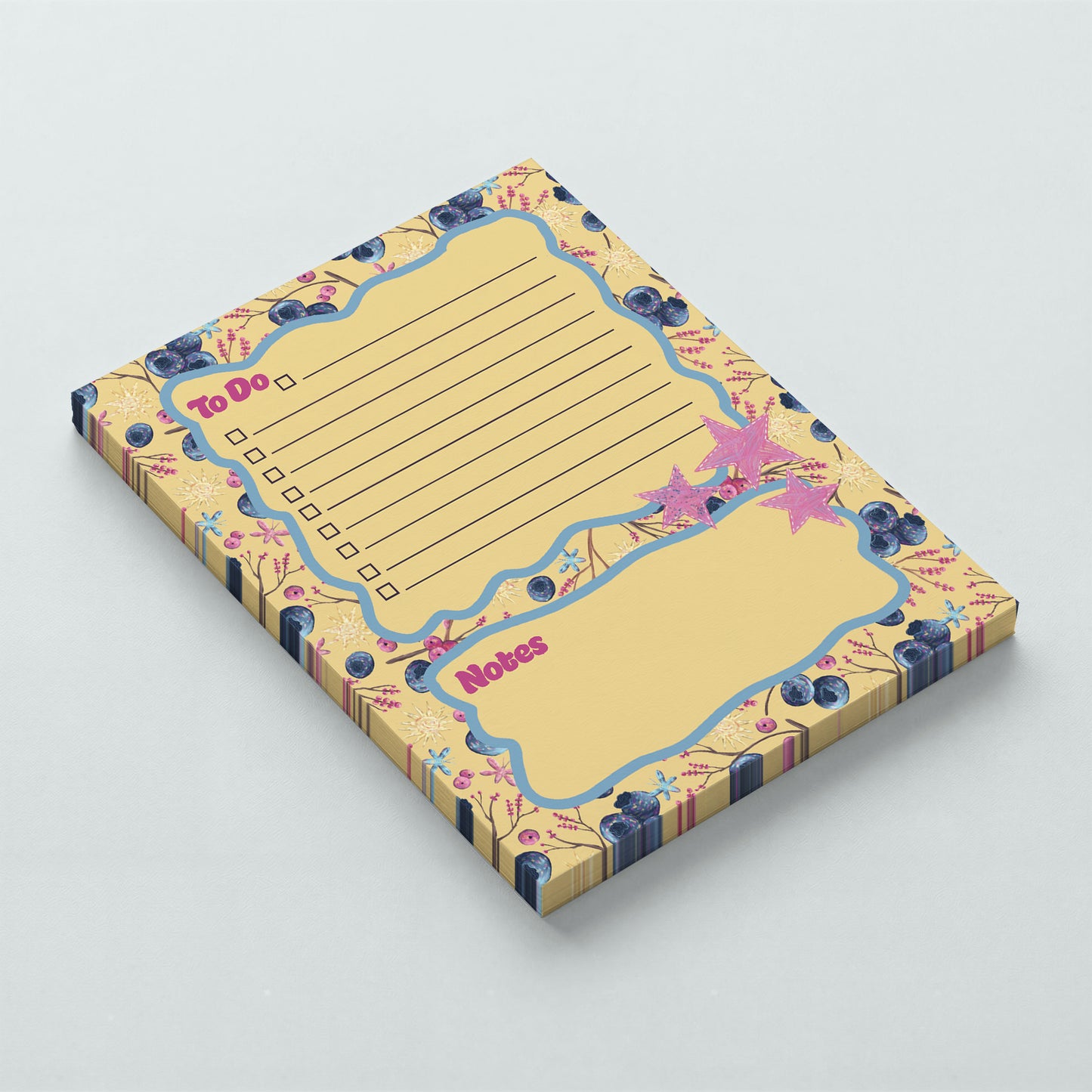 Blueberries on yellow background with pink stars to do list spot and notes area