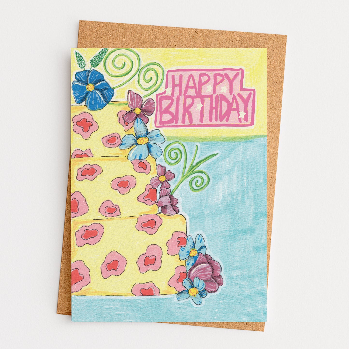 Colorful birthday card with flowers and 'Happy Birthday' text on a white background