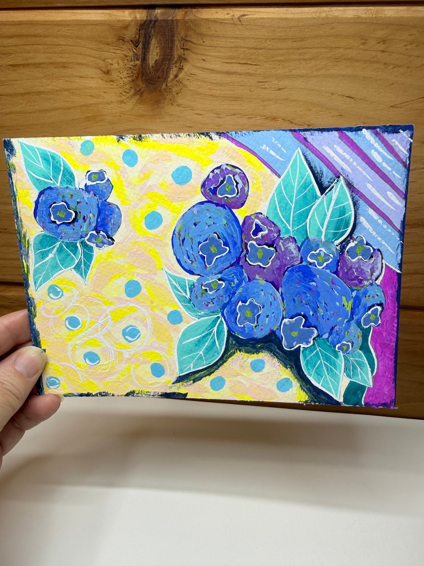 Blueberries of Maine 5x7 Original Gouache Painting Blues and Purples with a Fun Yellow Whimsical Background