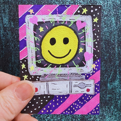 90s Nostalgia Vibe, Vintage, Retro. Smiley Face Happy Old Computer