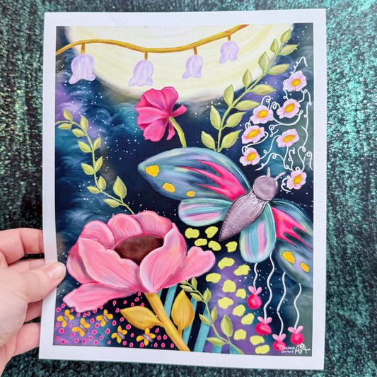 Moonbeams and Moths Whimsical Art Print