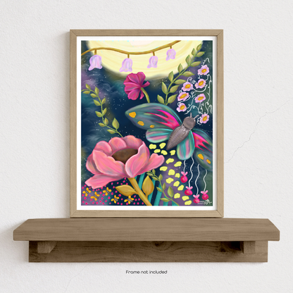 Moonbeams and Moths Whimsical Art Print