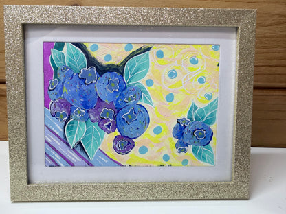 Blueberries of Maine 5x7 Original Gouache Painting Blues and Purples with a Fun Yellow Whimsical Background