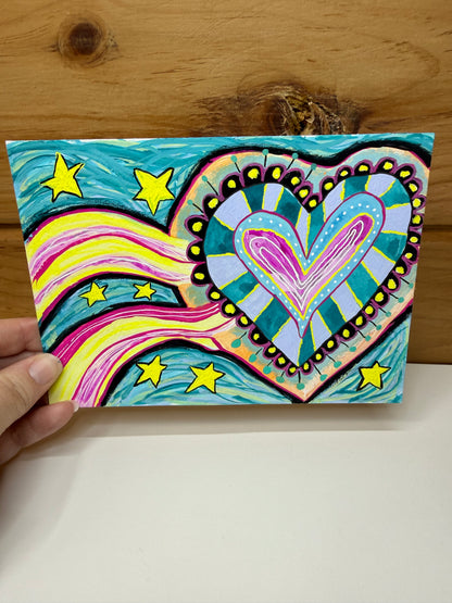 You Light Up My Heart  5x7 Original Gouache Painting Pinks and Teals with a Fun Wavy Background Big Heart with Star  Whimsical Background