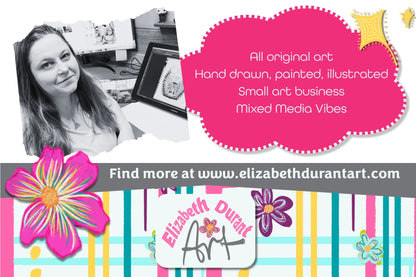 Promotional image for Elizabeth Durant Art with a woman, art supplies, and colorful text.