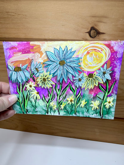 Original Art Colorful Whimsy Wildflowers 5x7 Gouache Painting By Liz Durant