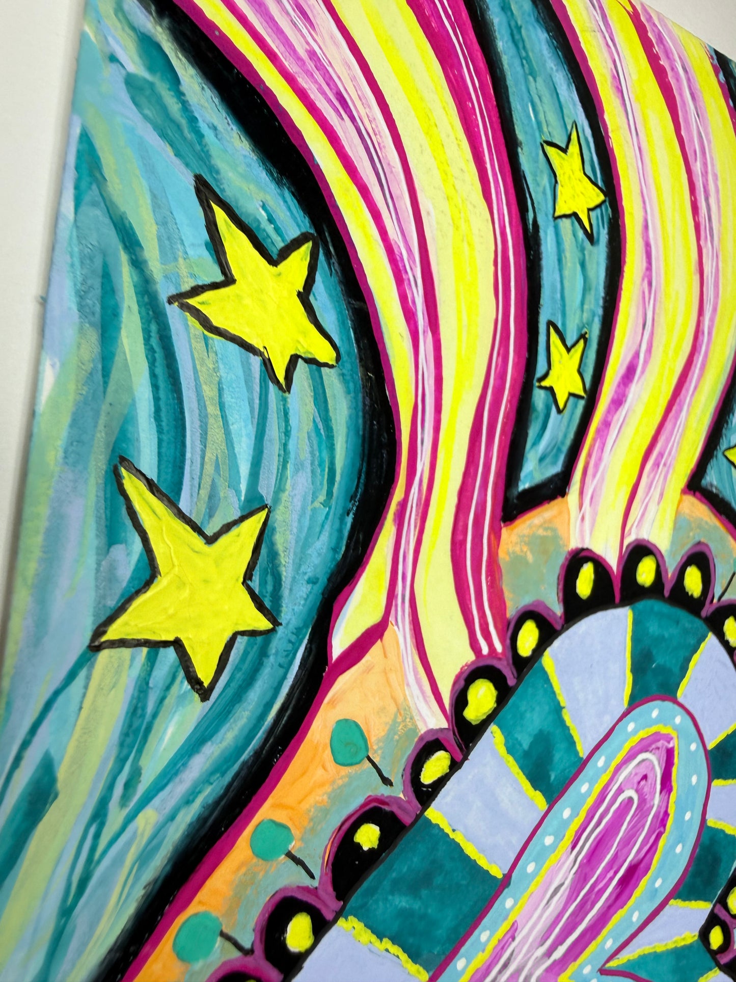 You Light Up My Heart  5x7 Original Gouache Painting Pinks and Teals with a Fun Wavy Background Big Heart with Star  Whimsical Background