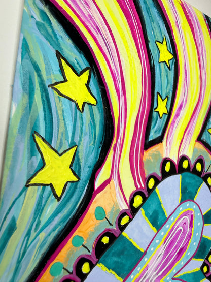 You Light Up My Heart  5x7 Original Gouache Painting Pinks and Teals with a Fun Wavy Background Big Heart with Star  Whimsical Background