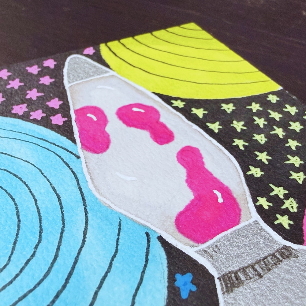 Colorful drawing of a lava lamp with pink liquid on a black background with star patterns.