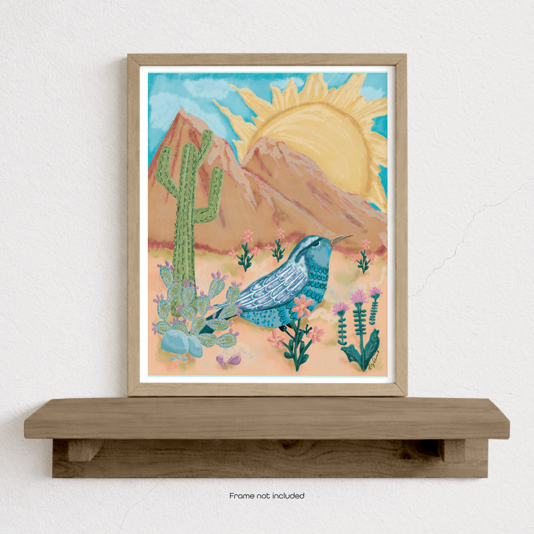 Desert Wren Southwest Scene - Original Hand-Drawn Illustration, Vibrant Colors