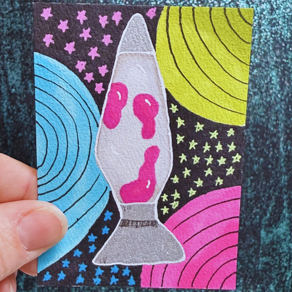 Colorful illustration of a lava lamp with abstract patterns on a textured background
