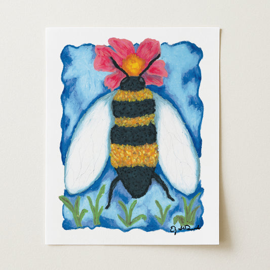 Colorful painting of a bee on a blue and white background