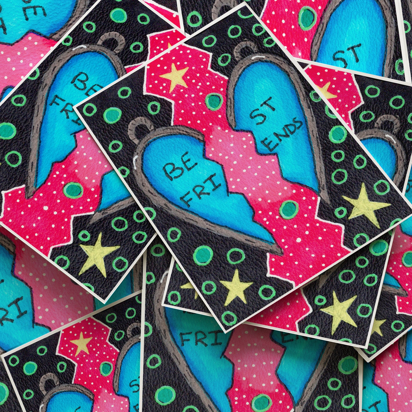 Stickers with cartoon birds and 'Be Friends' text on a colorful background