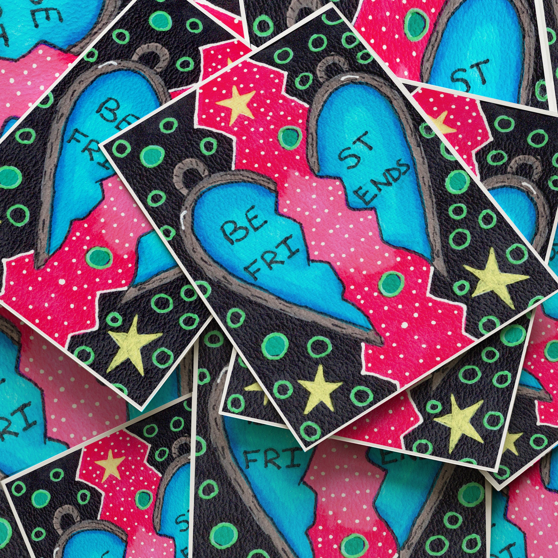 Stickers with cartoon birds and 'Be Friends' text on a colorful background