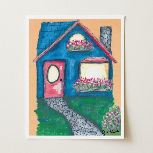 Colorful illustration of a house with a red door and flower boxes on a beige background
