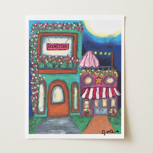 Colorful illustration of a bookshop and a pink cafe with decorative elements on a white background.