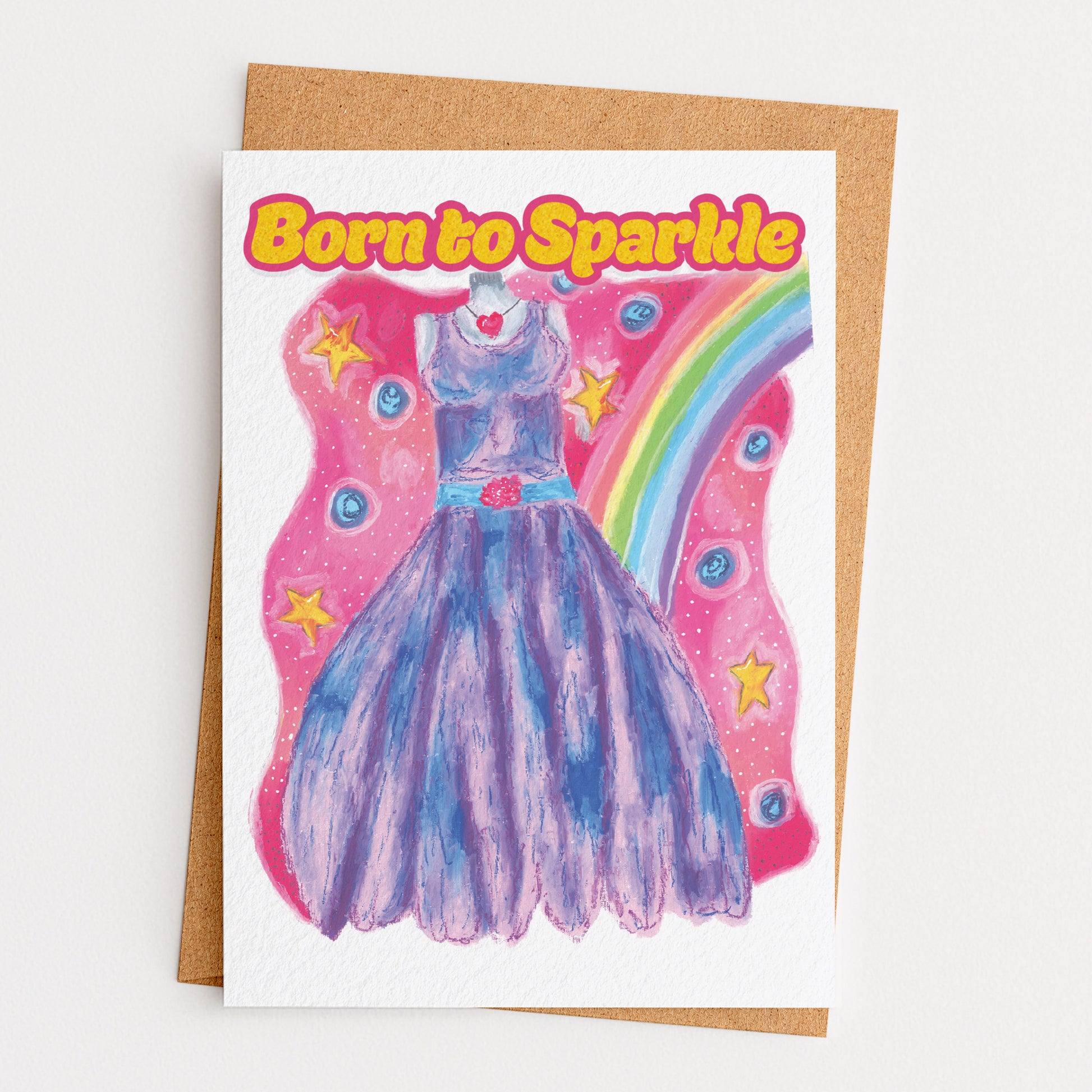 Greeting card with a dress illustration and 'Born to Sparkle' text on a white background