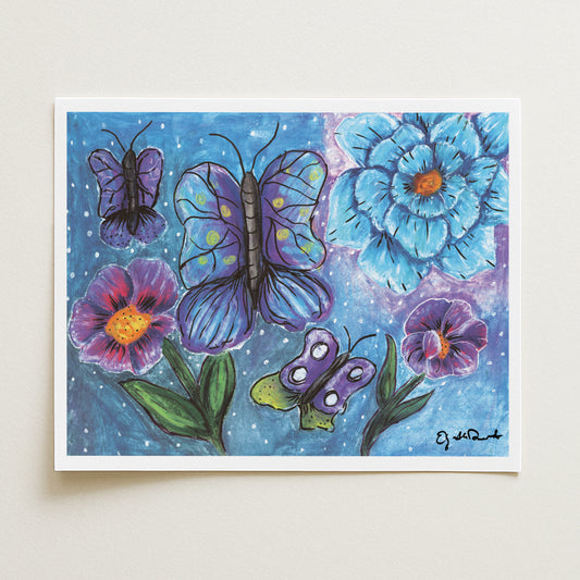 Colorful illustration of butterflies and flowers on a blue background
