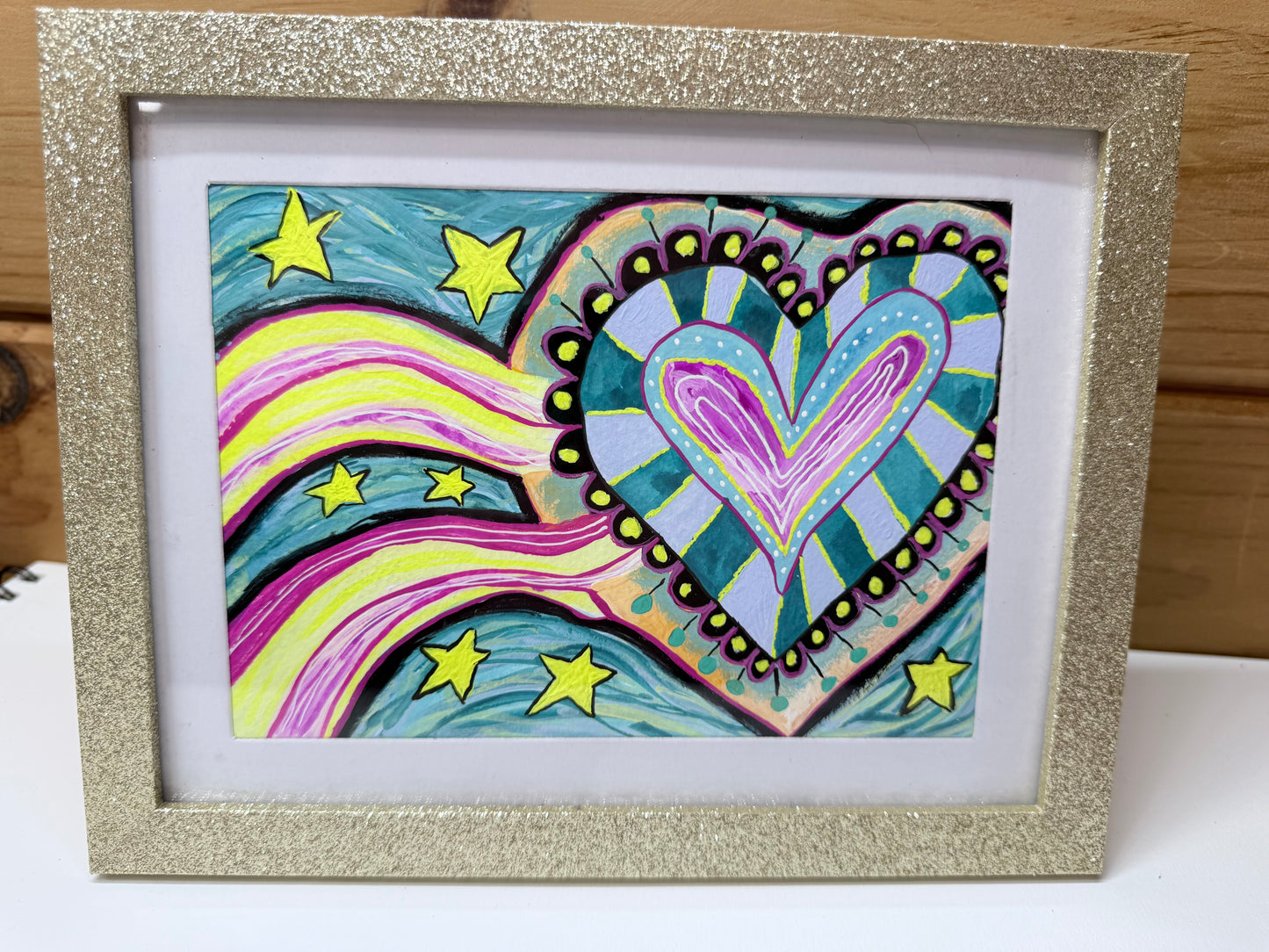You Light Up My Heart  5x7 Original Gouache Painting Pinks and Teals with a Fun Wavy Background Big Heart with Star  Whimsical Background
