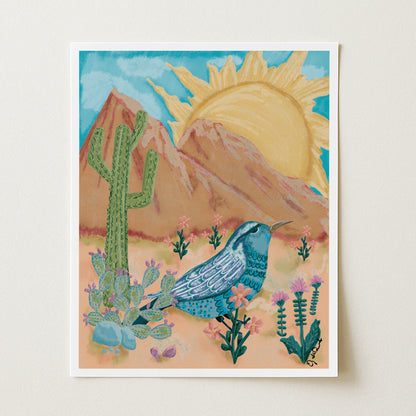 Desert Wren Southwest Scene - Original Hand-Drawn Illustration, Vibrant Colors