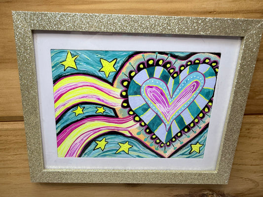 You Light Up My Heart  5x7 Original Gouache Painting Pinks and Teals with a Fun Wavy Background Big Heart with Star  Whimsical Background