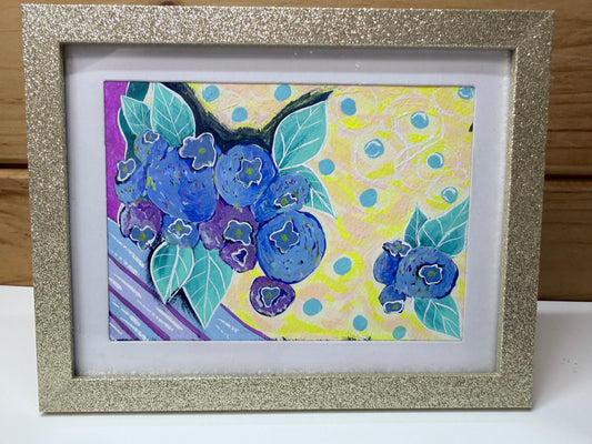 Blueberries of Maine 5x7 Original Gouache Painting Blues and Purples with a Fun Yellow Whimsical Background