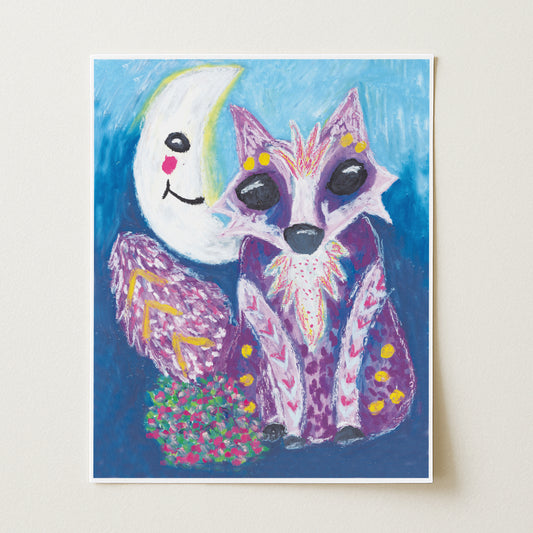 Colorful illustration of a fox and a moon on a blue background