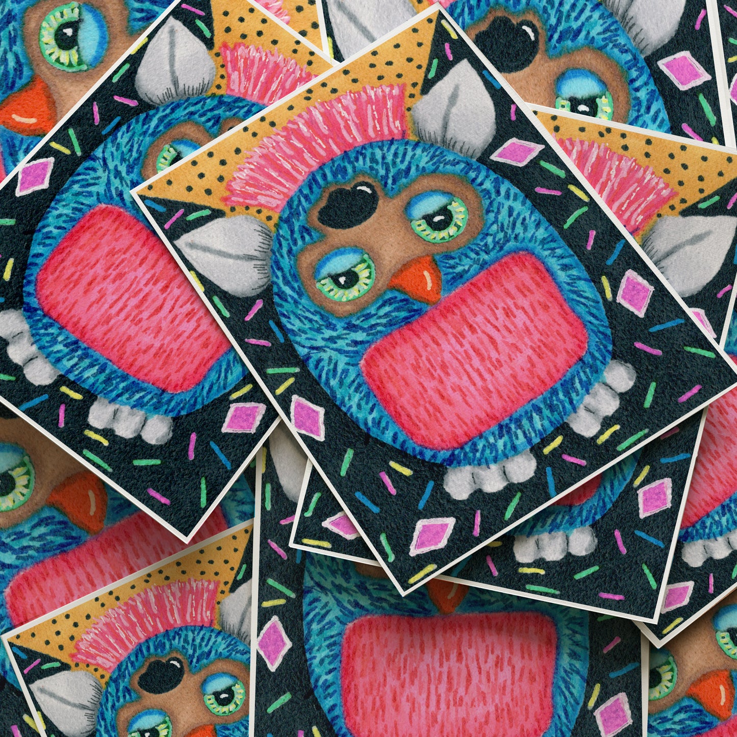 Colorful owl illustrations on a black background with sprinkles.