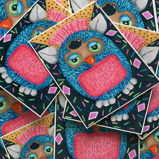 Colorful owl illustrations on a black background with sprinkles.