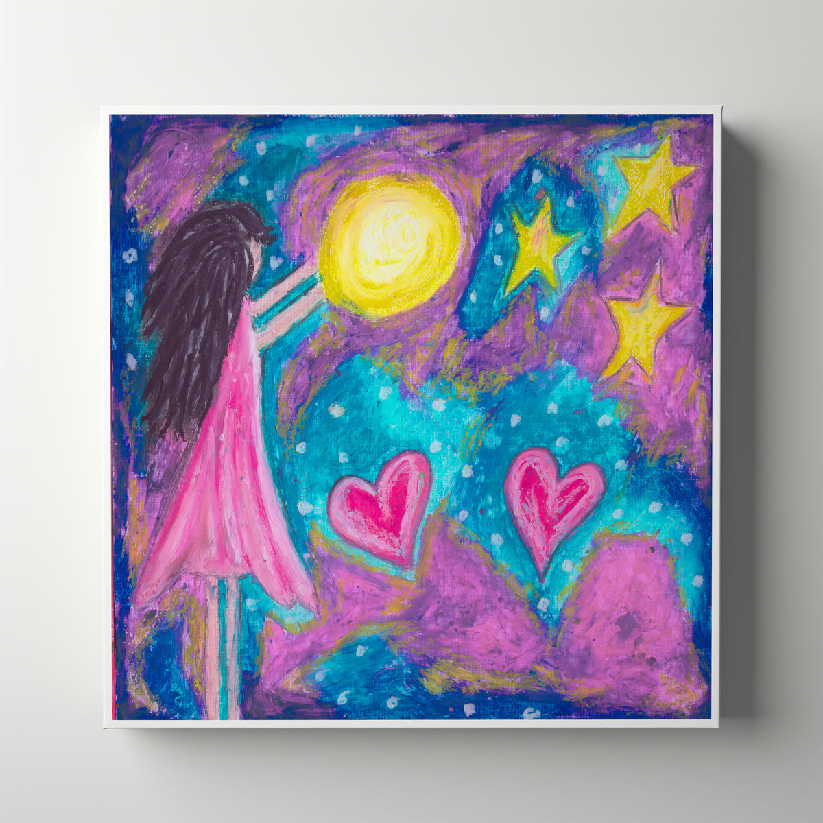 Girl in a pink dress blowing toward agolden moon with hearts and stars, original oil pastel painting."