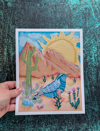 Desert Wren Southwest Scene - Original Hand-Drawn Illustration, Vibrant Colors