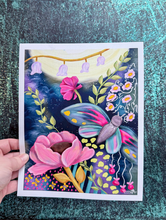 Moonbeams and Moths Whimsical Art Print