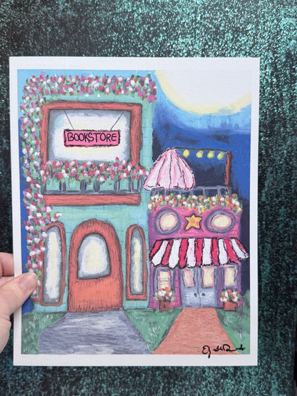 Whimsical Street Scene Bookstore and Cafe Art Print