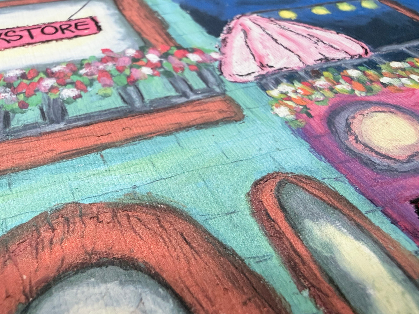 Whimsical Street Scene Bookstore and Cafe Art Print