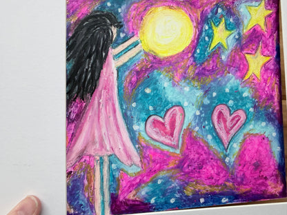 Girl in a pink dress blowing toward agolden moon with hearts and stars, original oil pastel painting."