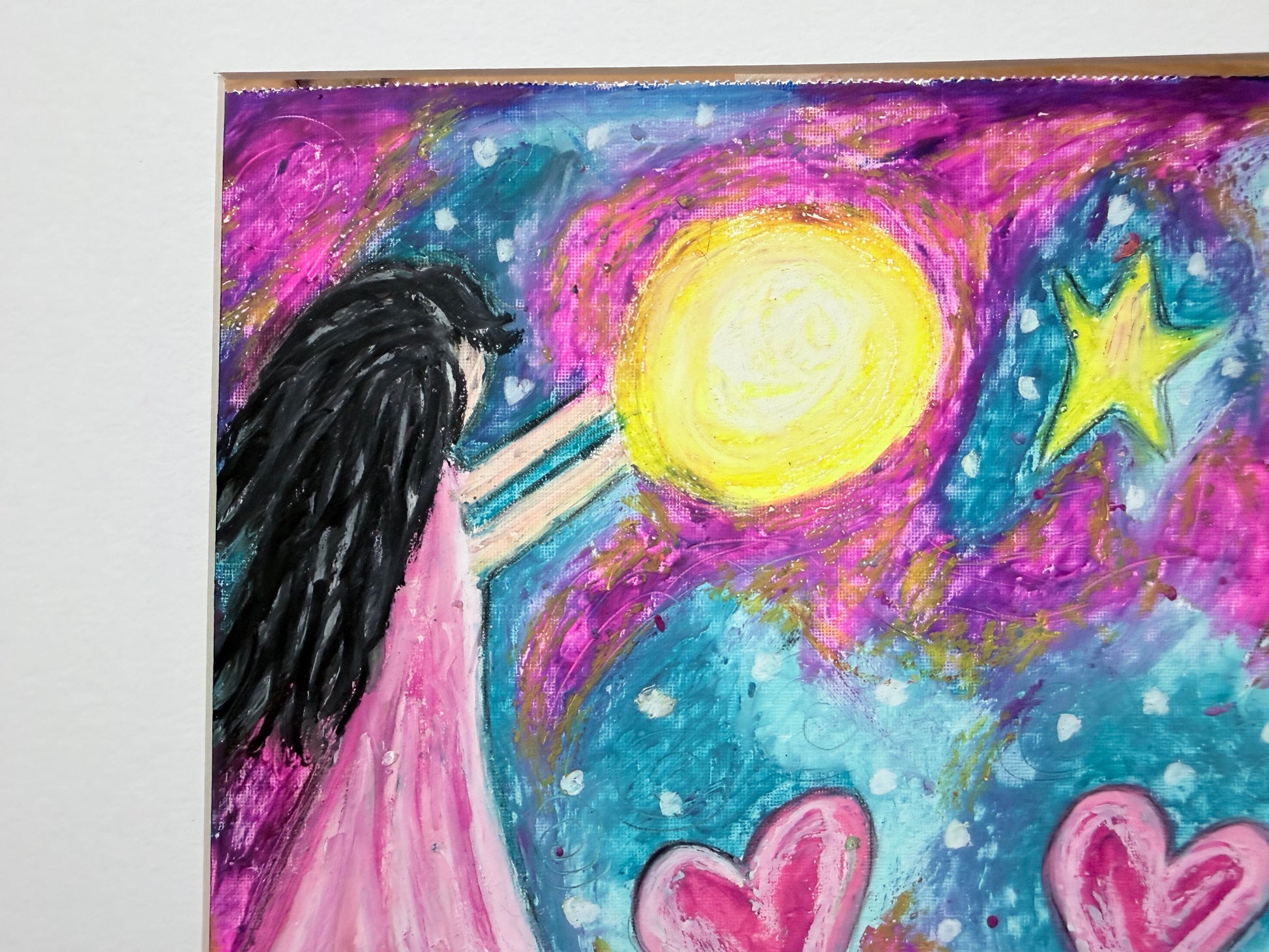 Girl in a pink dress blowing toward agolden moon with hearts and stars, original oil pastel painting."
