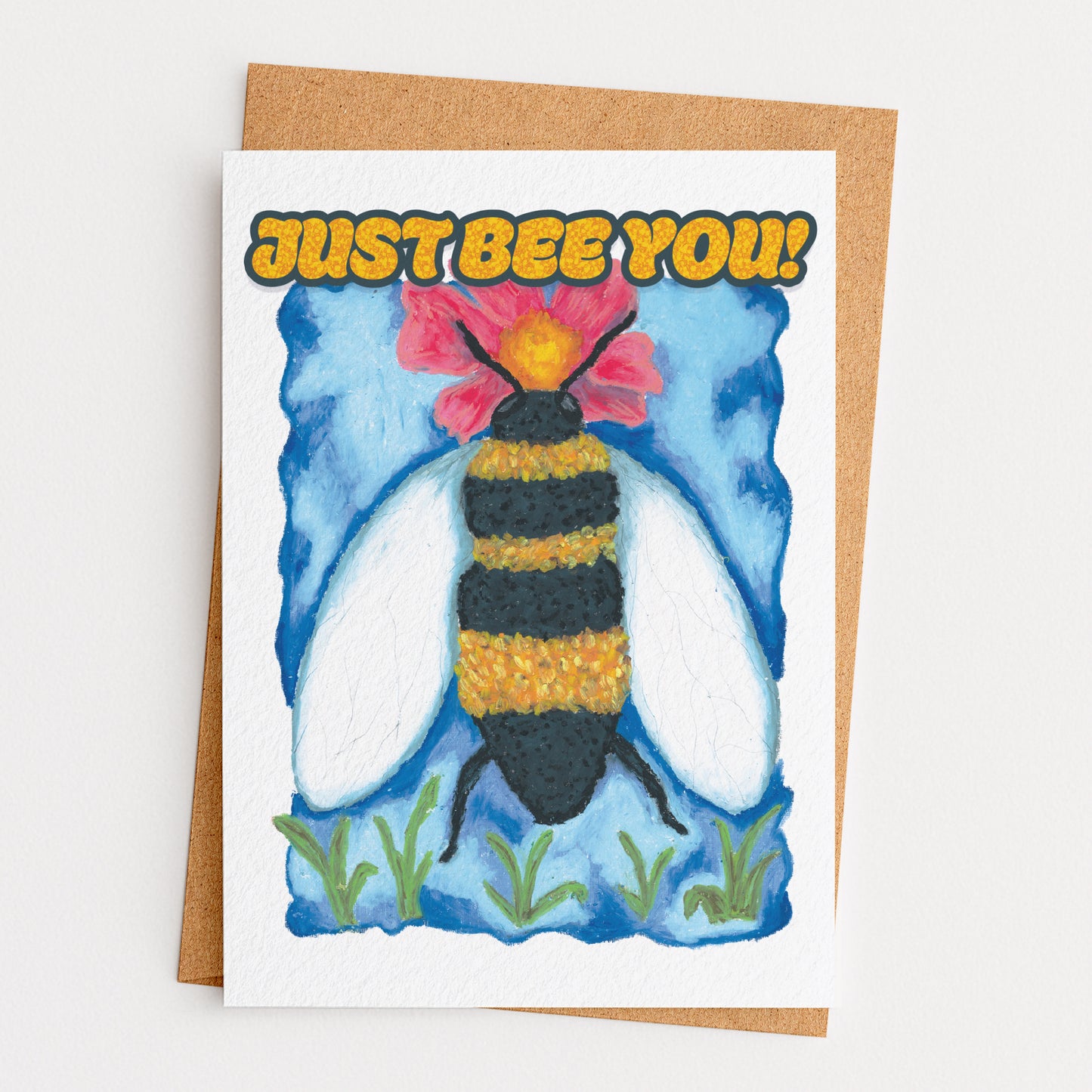 Greeting card with a bee illustration and 'Just Bee You!' text on a white background