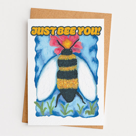 Greeting card with a bee illustration and 'Just Bee You!' text on a white background