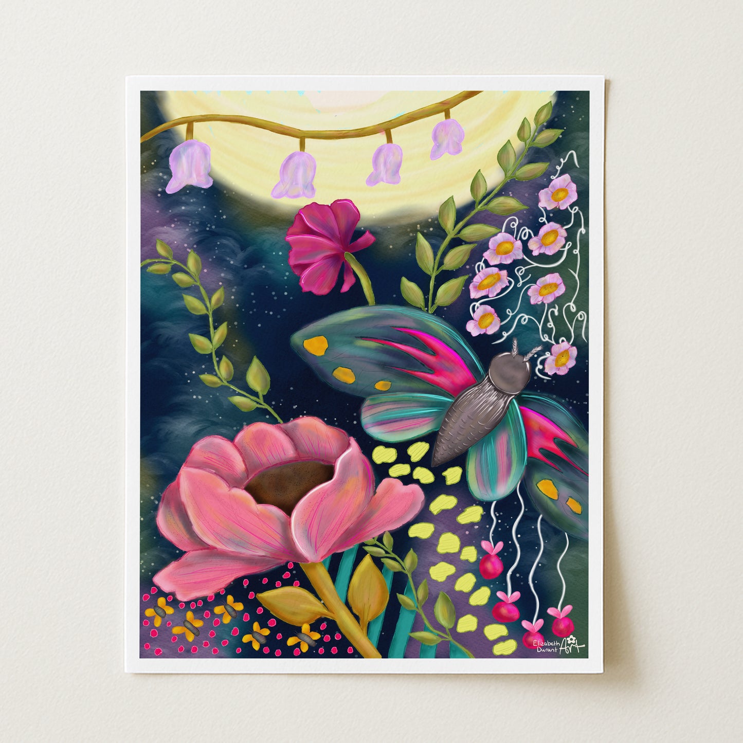 Moonbeams and Moths Whimsical Art Print