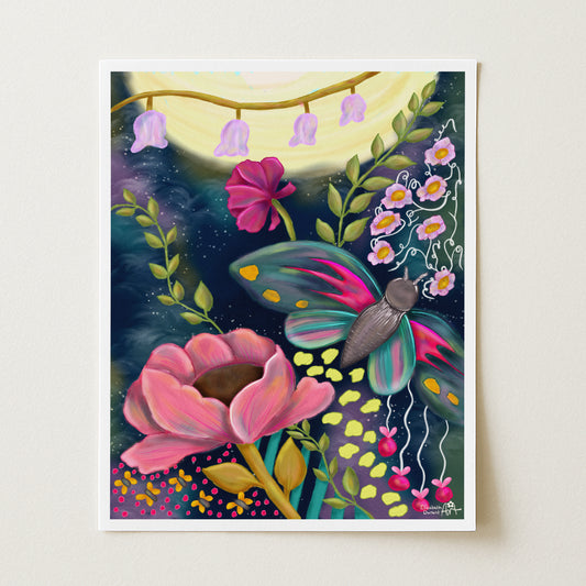 Moonbeams and Moths Whimsical Art Print