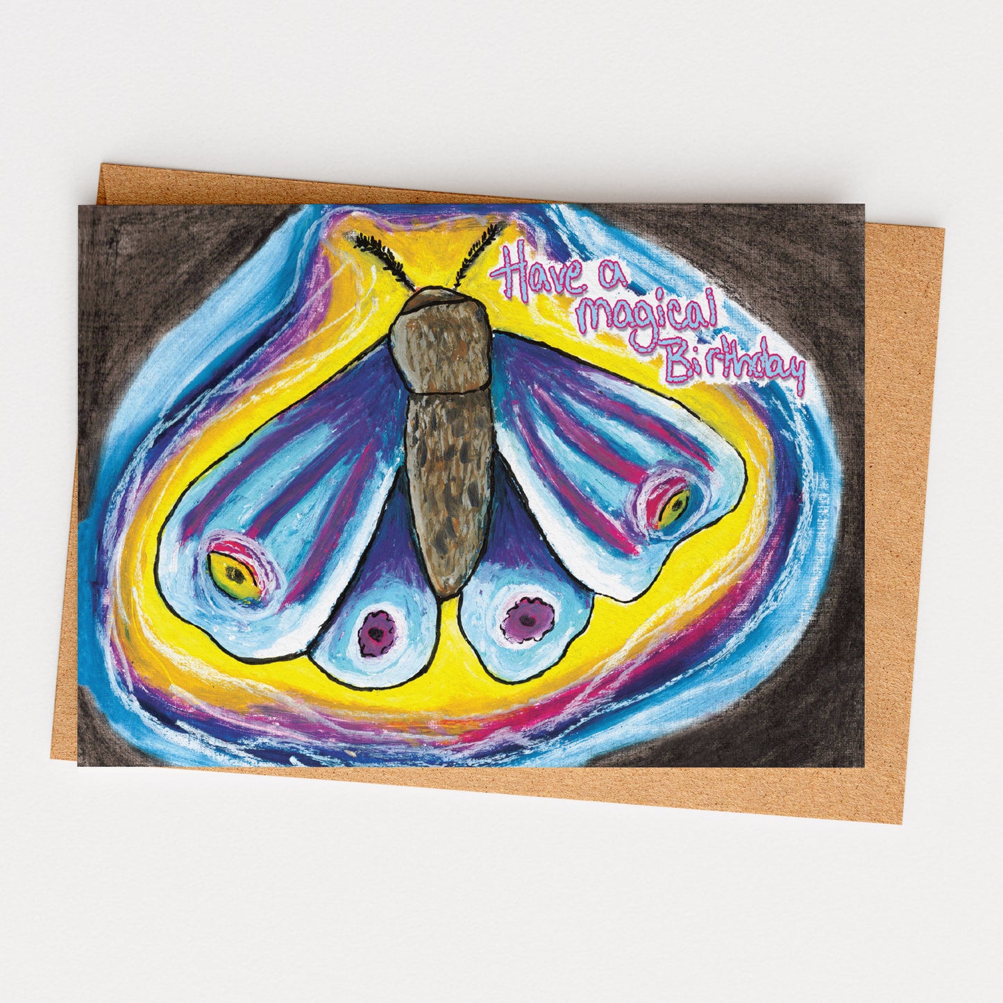 Greeting card with a colorful butterfly illustration and 'Have a magical birthday' text on a white background.