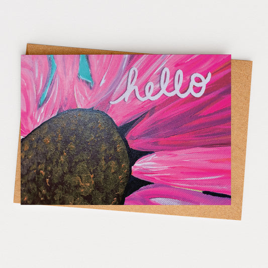 Greeting card with pink flower design and 'hello' text on a white background
