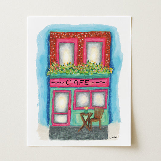 Painting of a colorful cafe with a table and chair on a white background
