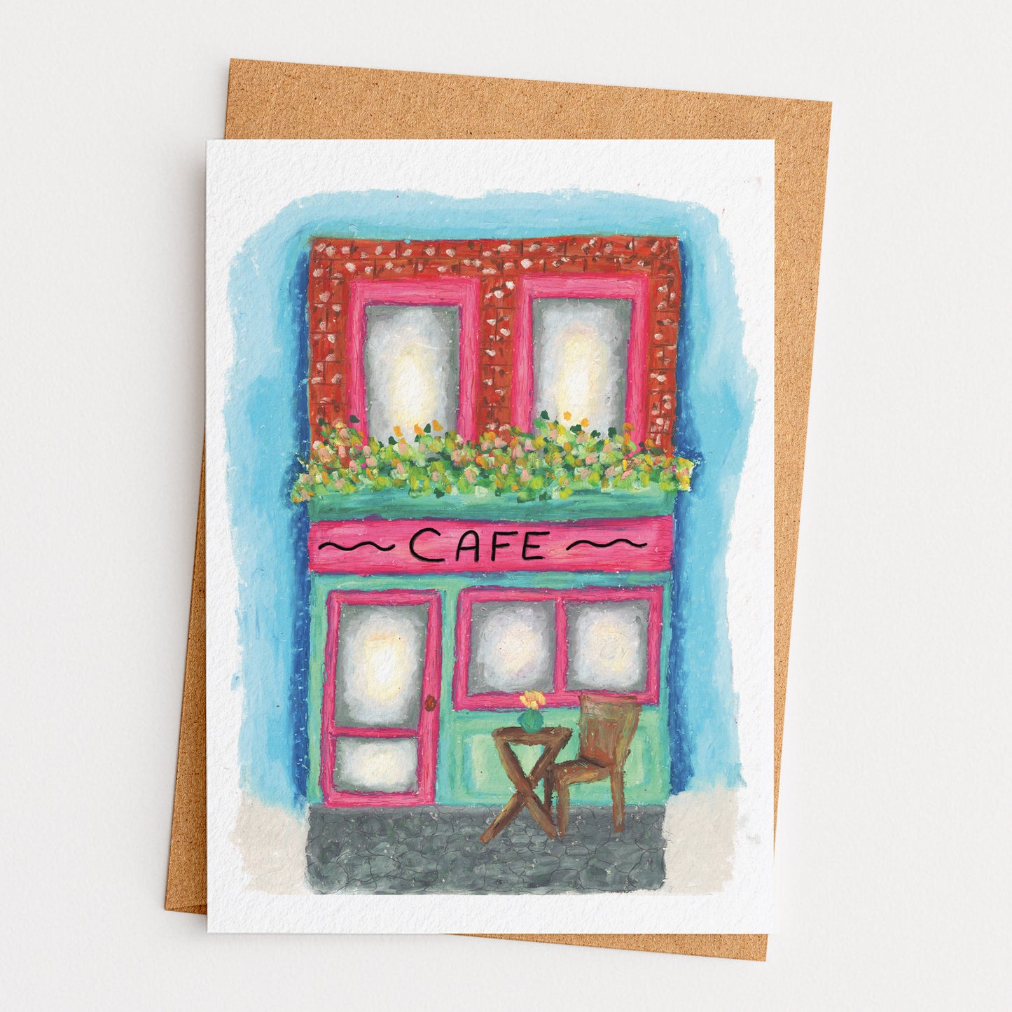 Illustration of a colorful cafe with a chair on a white background