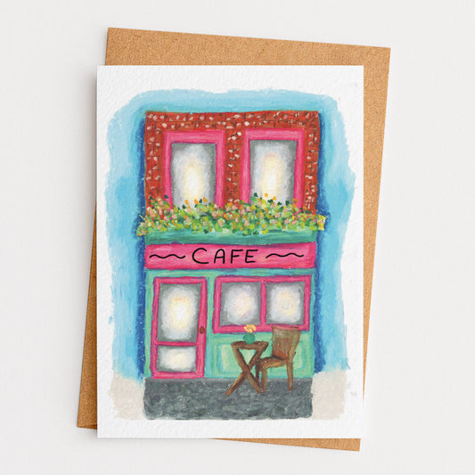 Illustration of a colorful cafe with a chair on a white background