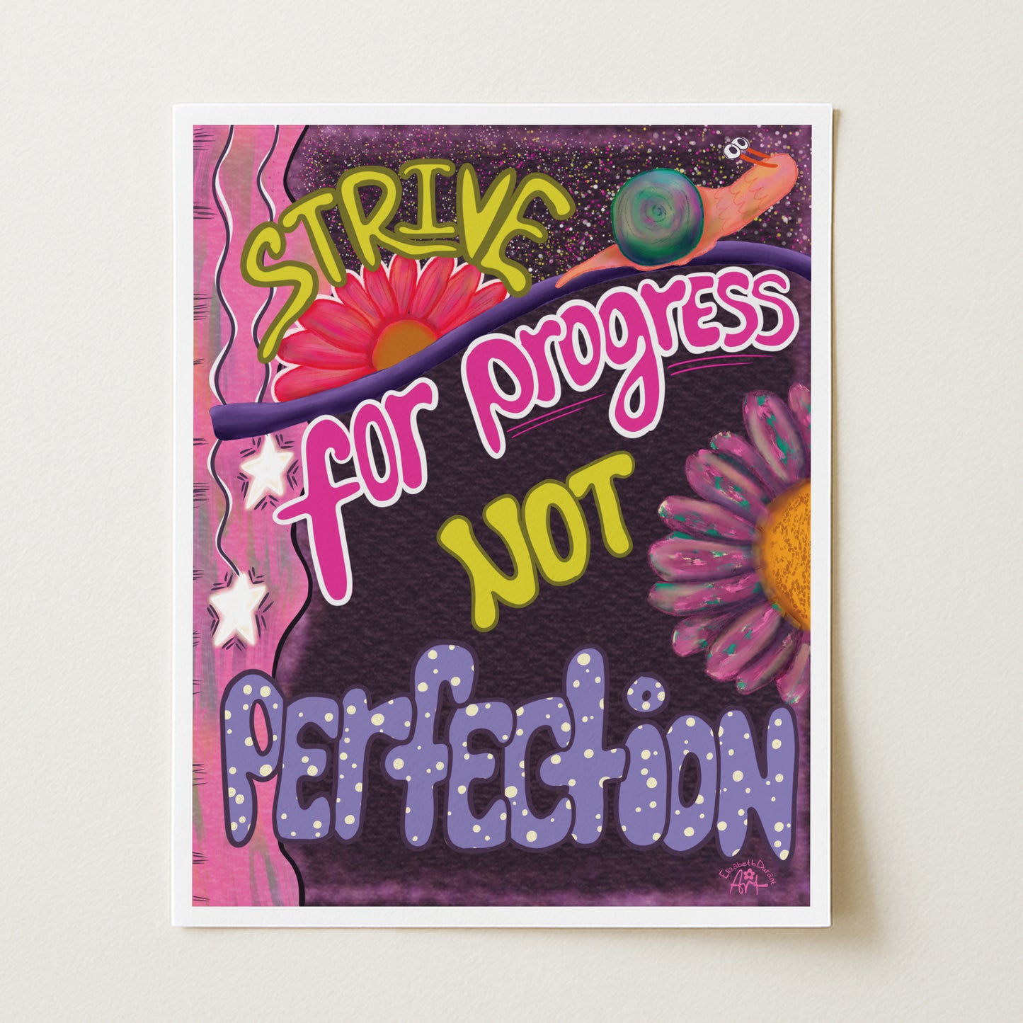 Colorful poster with motivational text and flowers on a white background